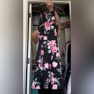 black & pink flower short dress